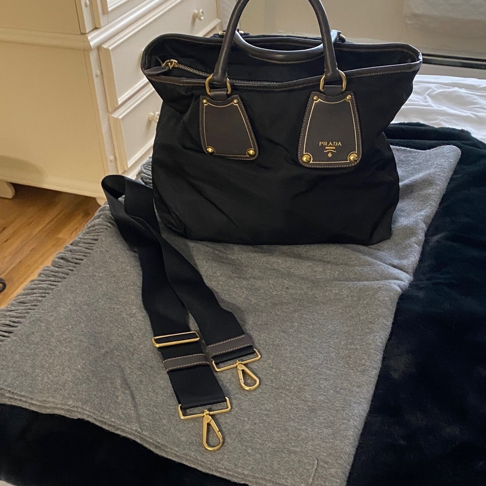 Prada Black Nylon and Brown Leather Handbag with Gold Hardware